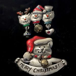 Lot of 2 Vintage Signed AKMO Christmas Cat Brooches